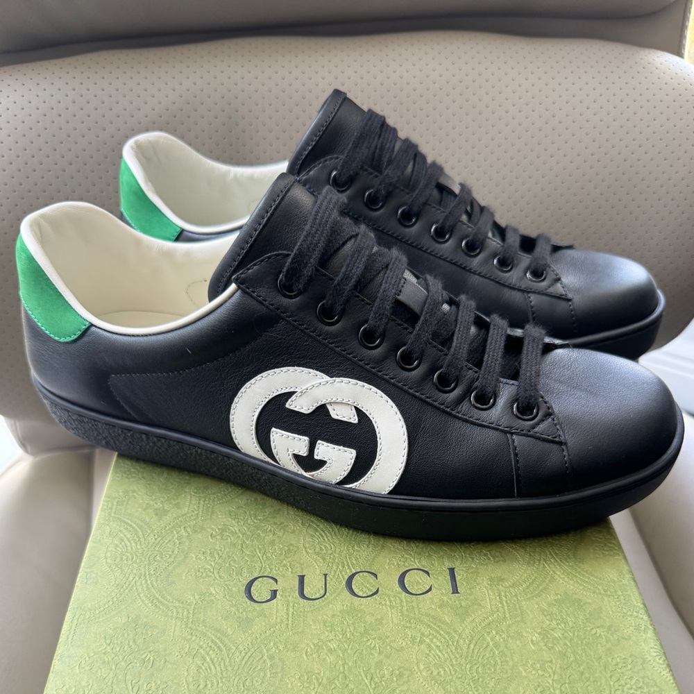 Gucci Ace Black Leather with white GG and green heel.